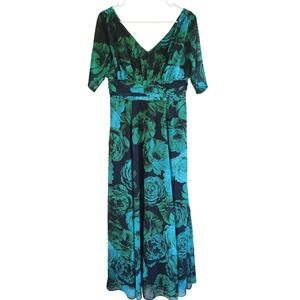 Wayward Fancies eShakti Maxi Dress Green Teal Floral Rose V-Neck Chiffon Size 4